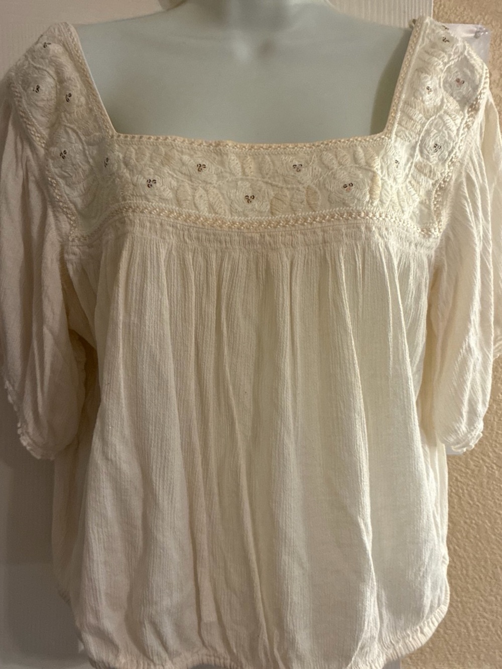 American Eagle Outfitters Cream Embroidered Square-Neck Peasant Blouse